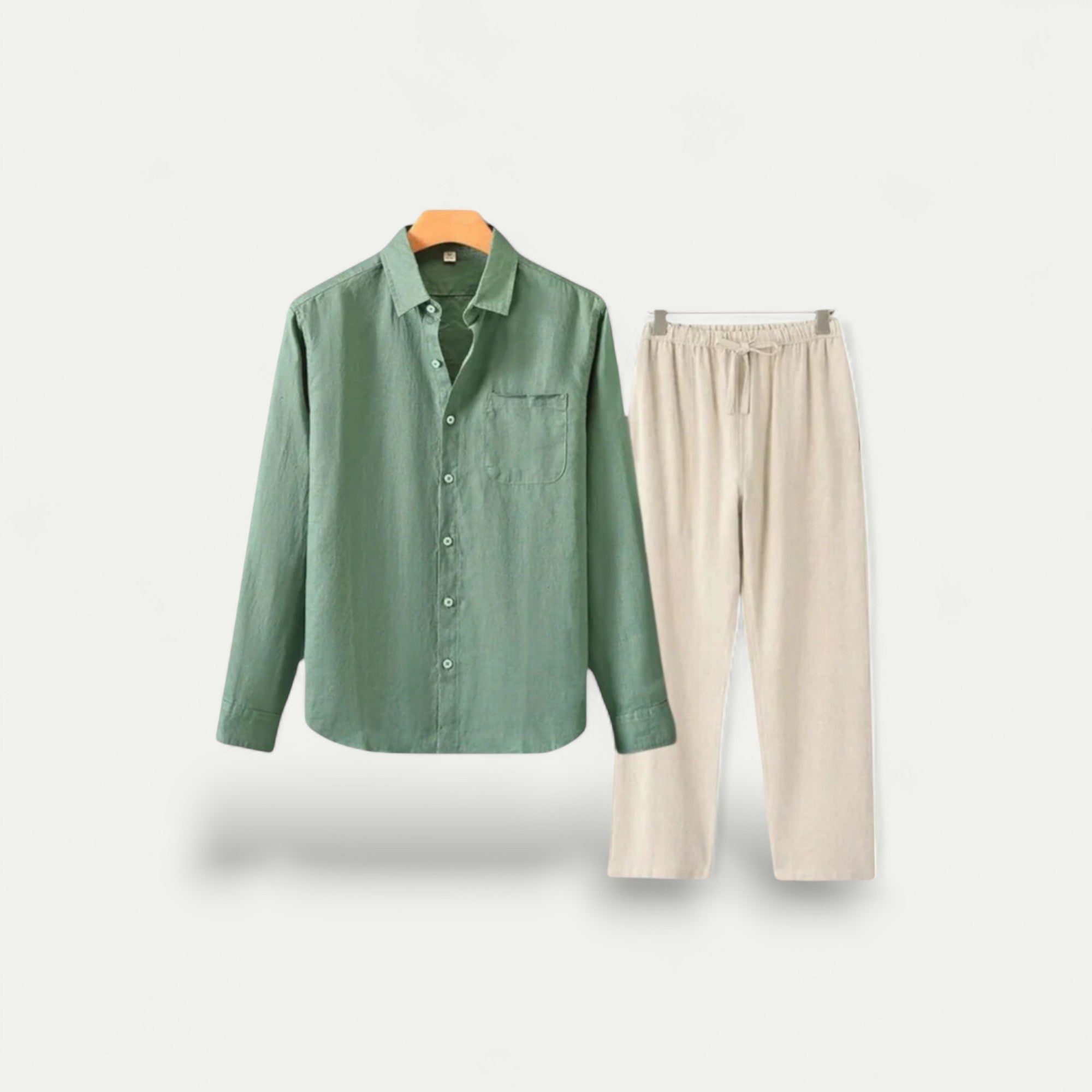 Men's linen combo set featuring a green button-up shirt and beige pants for a stylish summer look