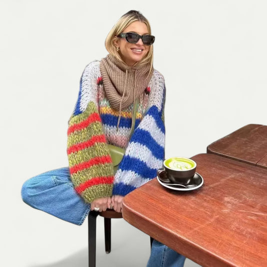 Women’s Rainbow Striped Knit Sweater – Cozy & Colorful