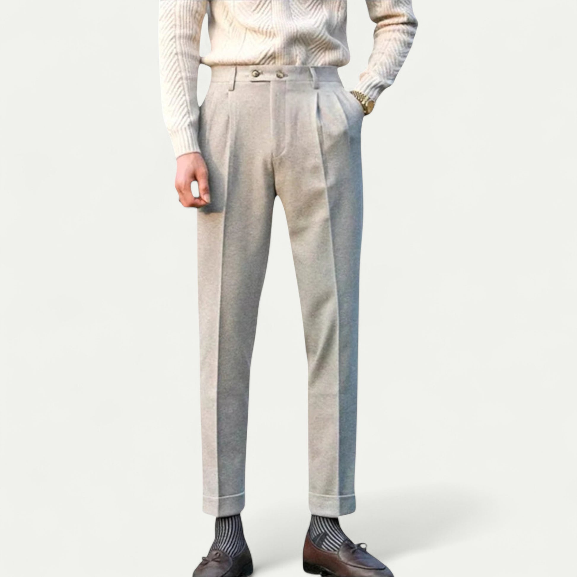 Azirado classic men's tailored trousers in light gray with a polished finish and flat front design