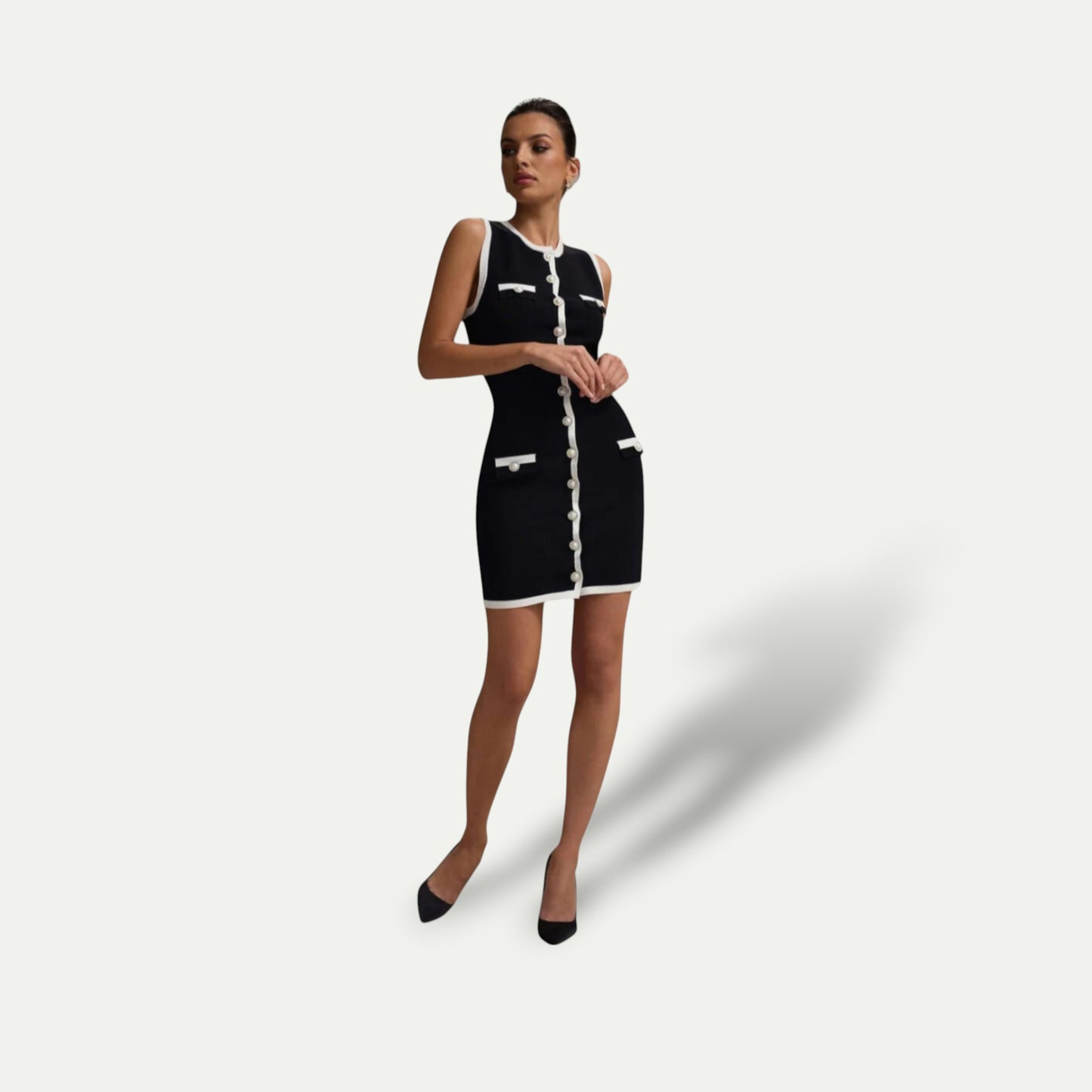 Azirado elegant knit business dress in black with white contrasting details, perfect for professional settings