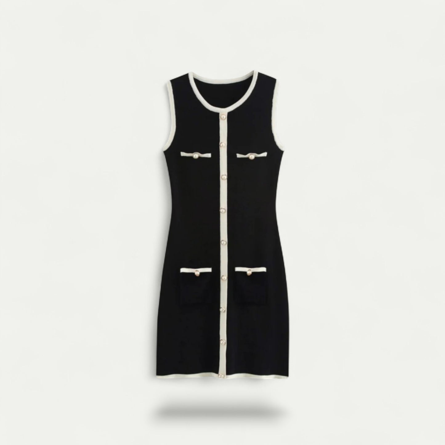 Azirado elegant knit business dress in black with buttons and pockets for professional settings
