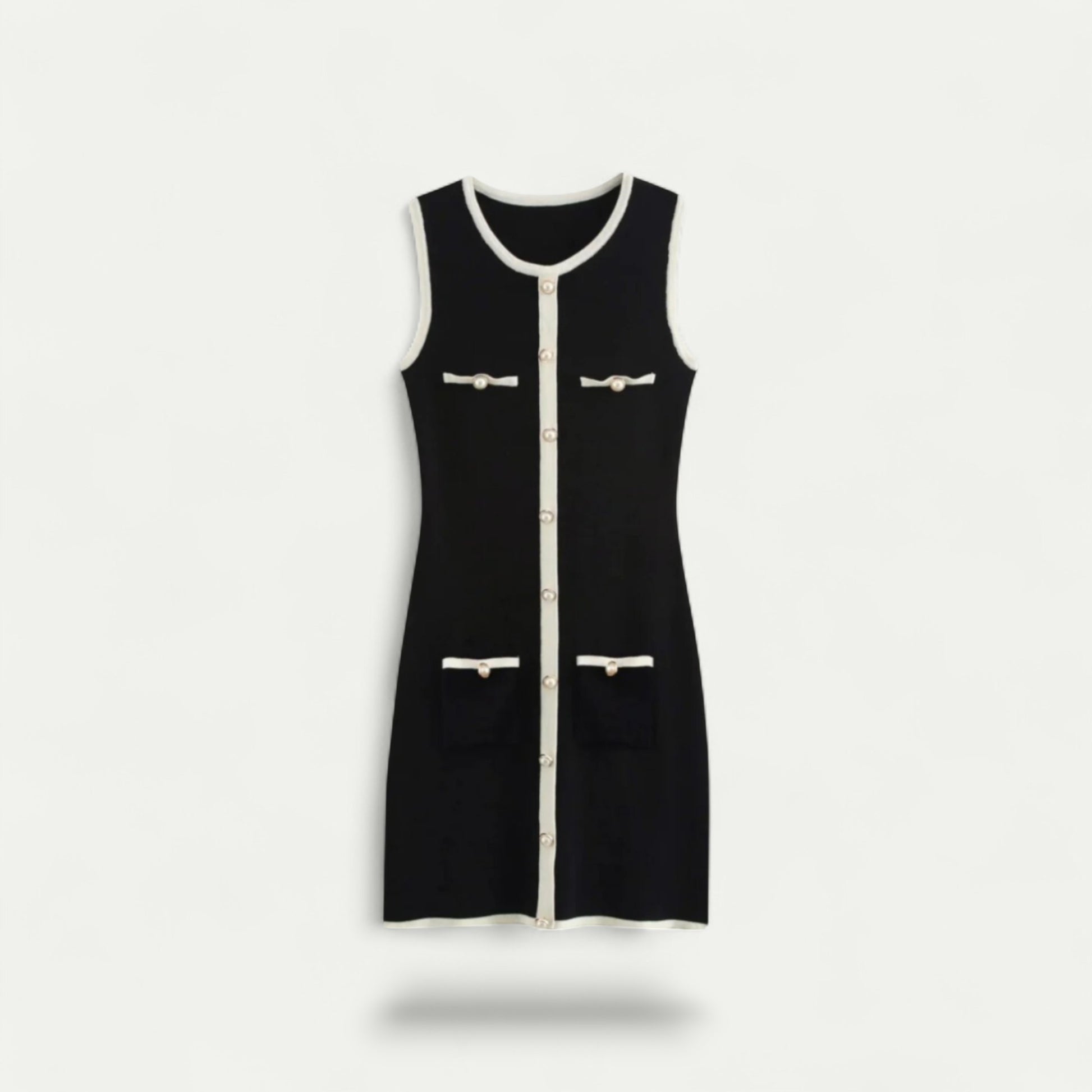 Azirado elegant knit business dress in black with buttons and pockets for professional settings