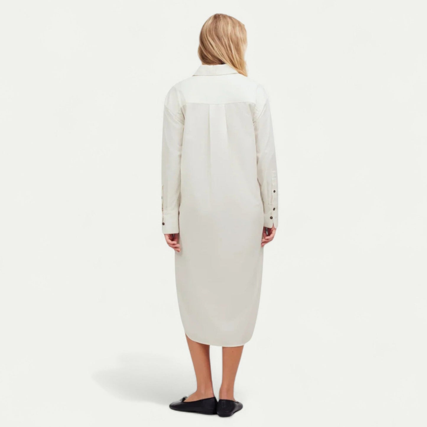 Back view of Azirado elegant midi shirt dress in cream, designed for a stylish and comfortable fit