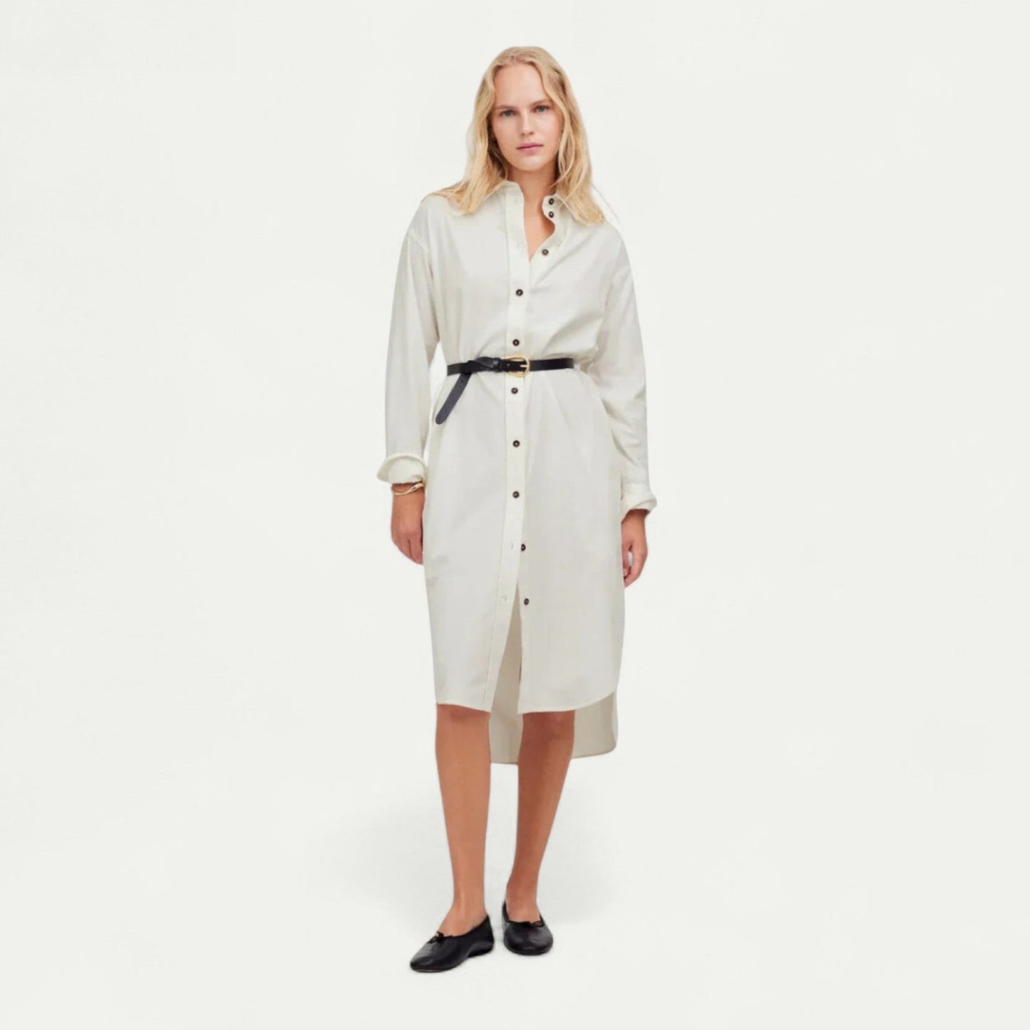 Azirado elegant midi shirt dress in cream color, featuring a belted waist and button-down front