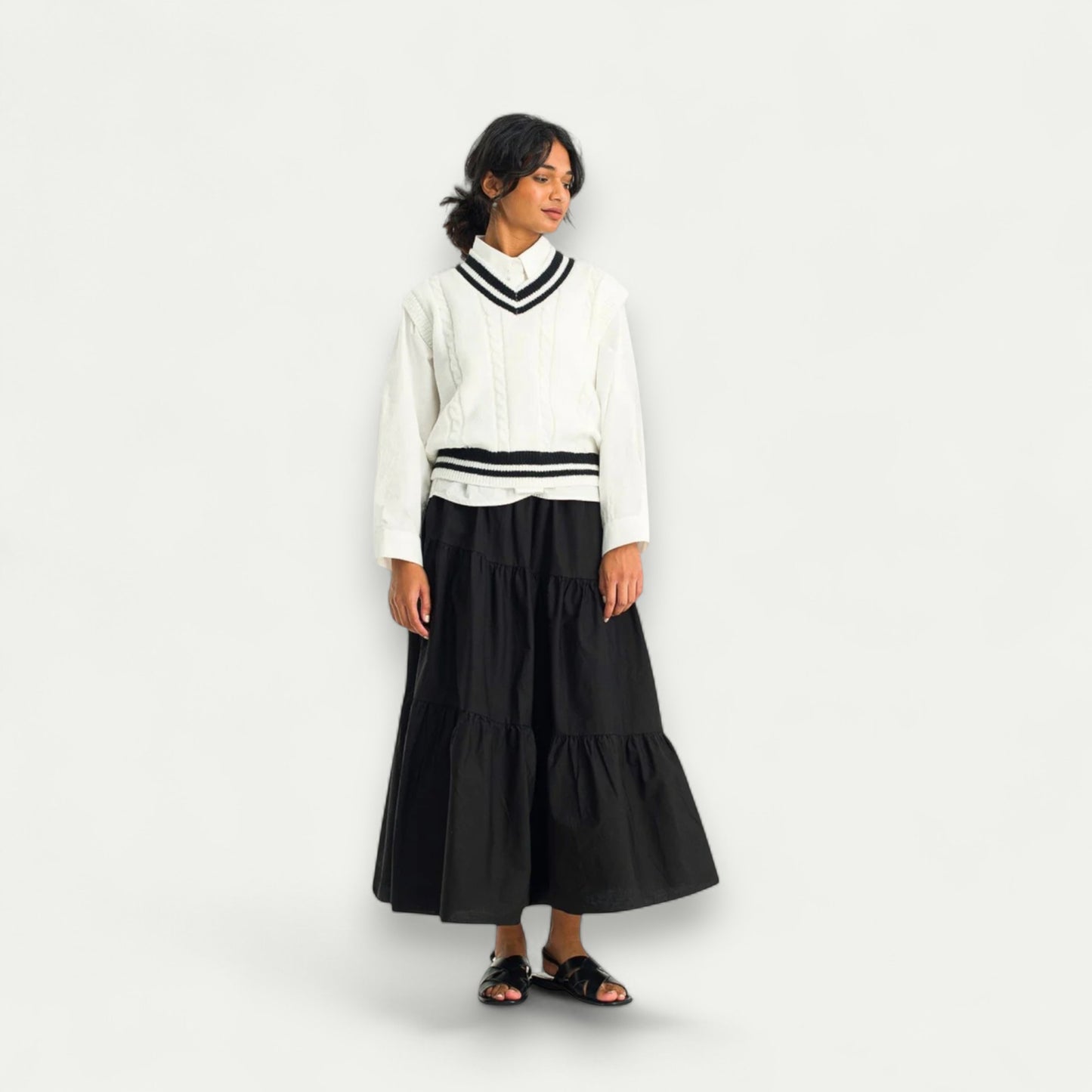 Azirado Women's White and Black Layered Outfit with Elegant Skirt and Stylish Top