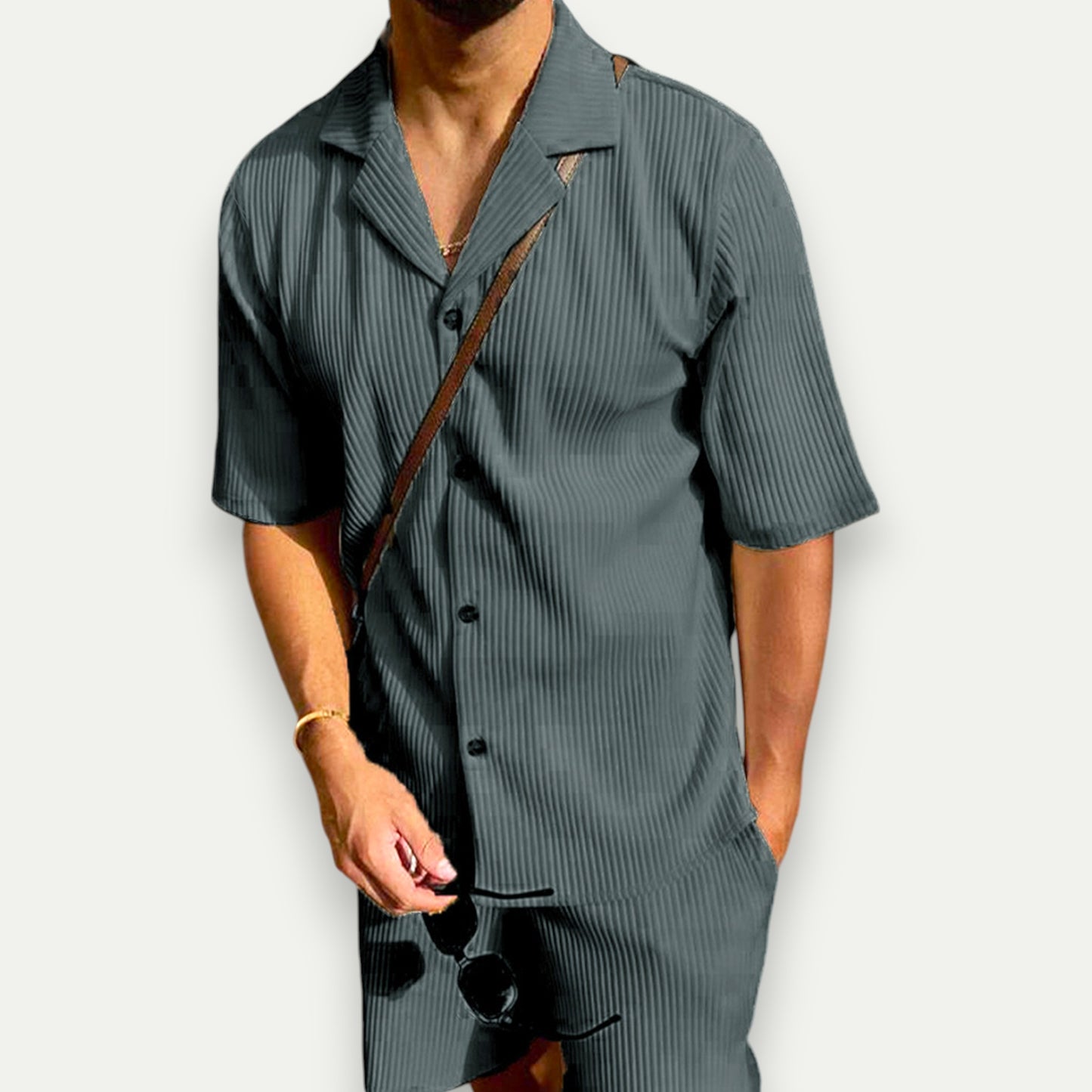 Azirado men's corduroy polo set in dark gray with a relaxed fit and button details