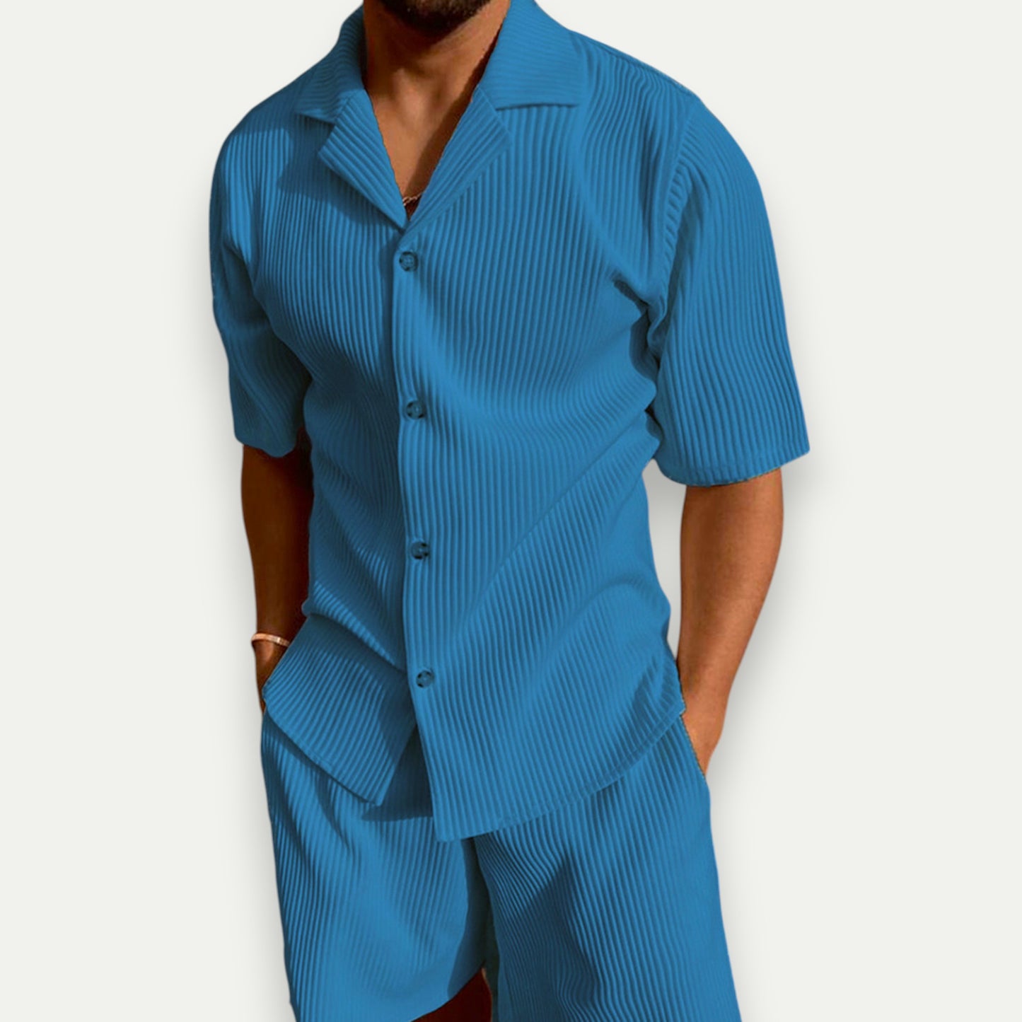 Azirado men's corduroy polo set in blue, featuring a short-sleeve shirt and matching shorts