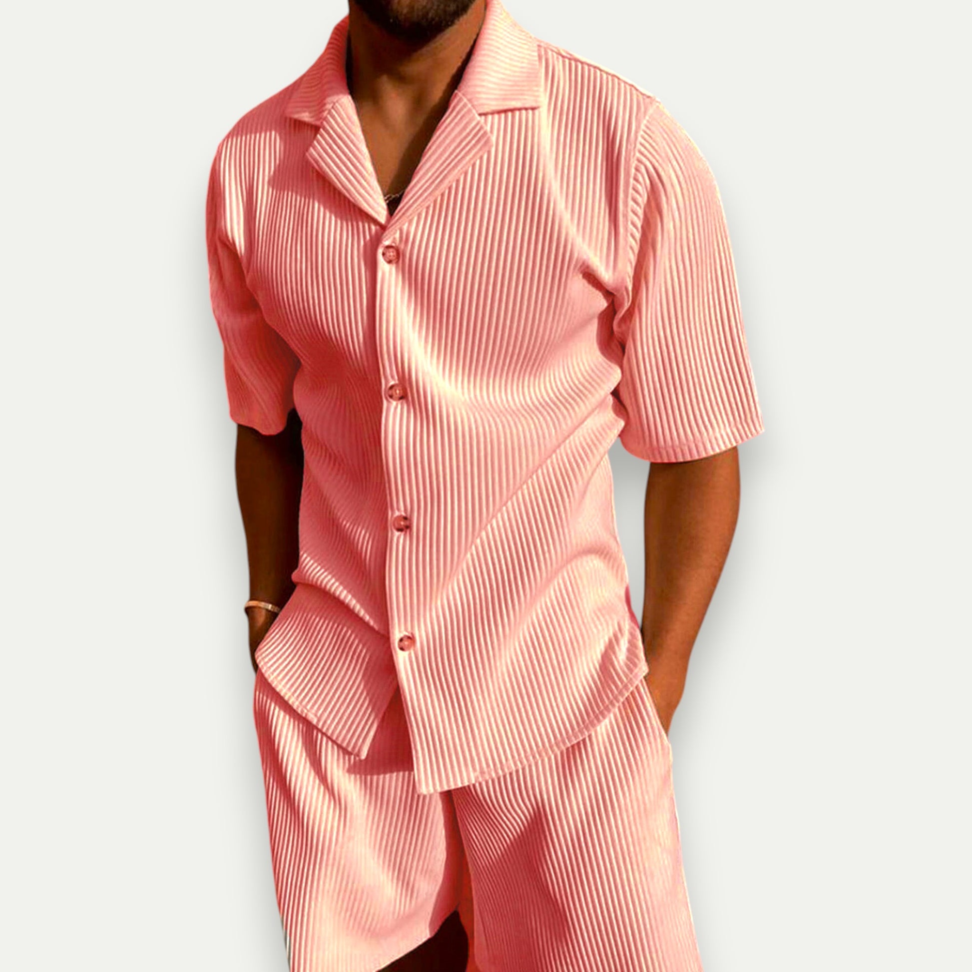 Azirado men's corduroy polo set in soft pink with short sleeves and matching shorts