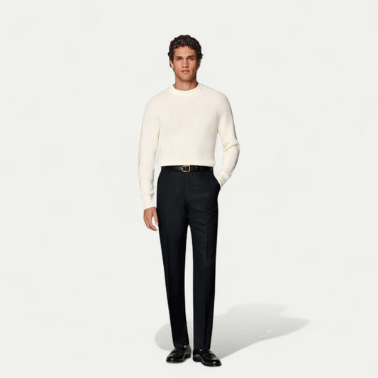 Azirado men's navy tailored trousers paired with a white sweater for a stylish look