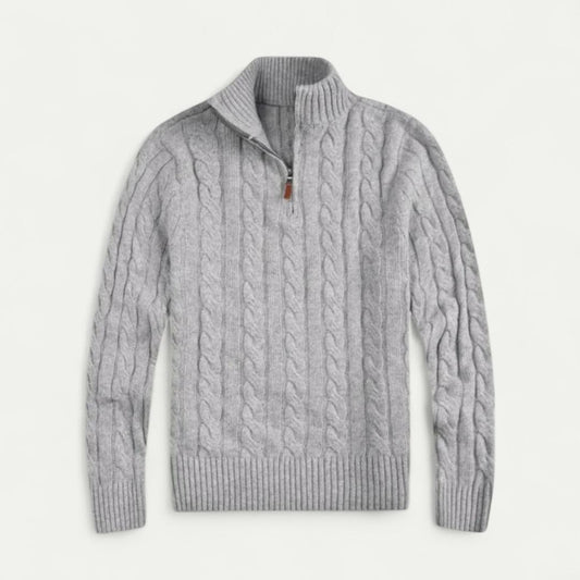 Azirado men's premium zip sweater in light grey with cable knit design for stylish warmth