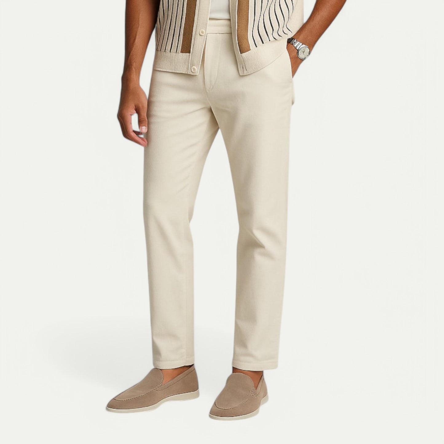 Azirado men's suede loafers paired with stylish beige trousers for a sophisticated look