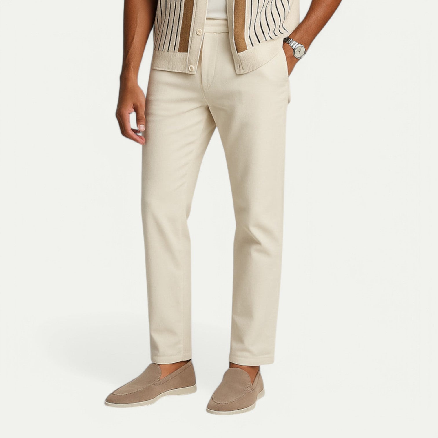 Azirado men's suede loafers paired with stylish beige trousers for a sophisticated look