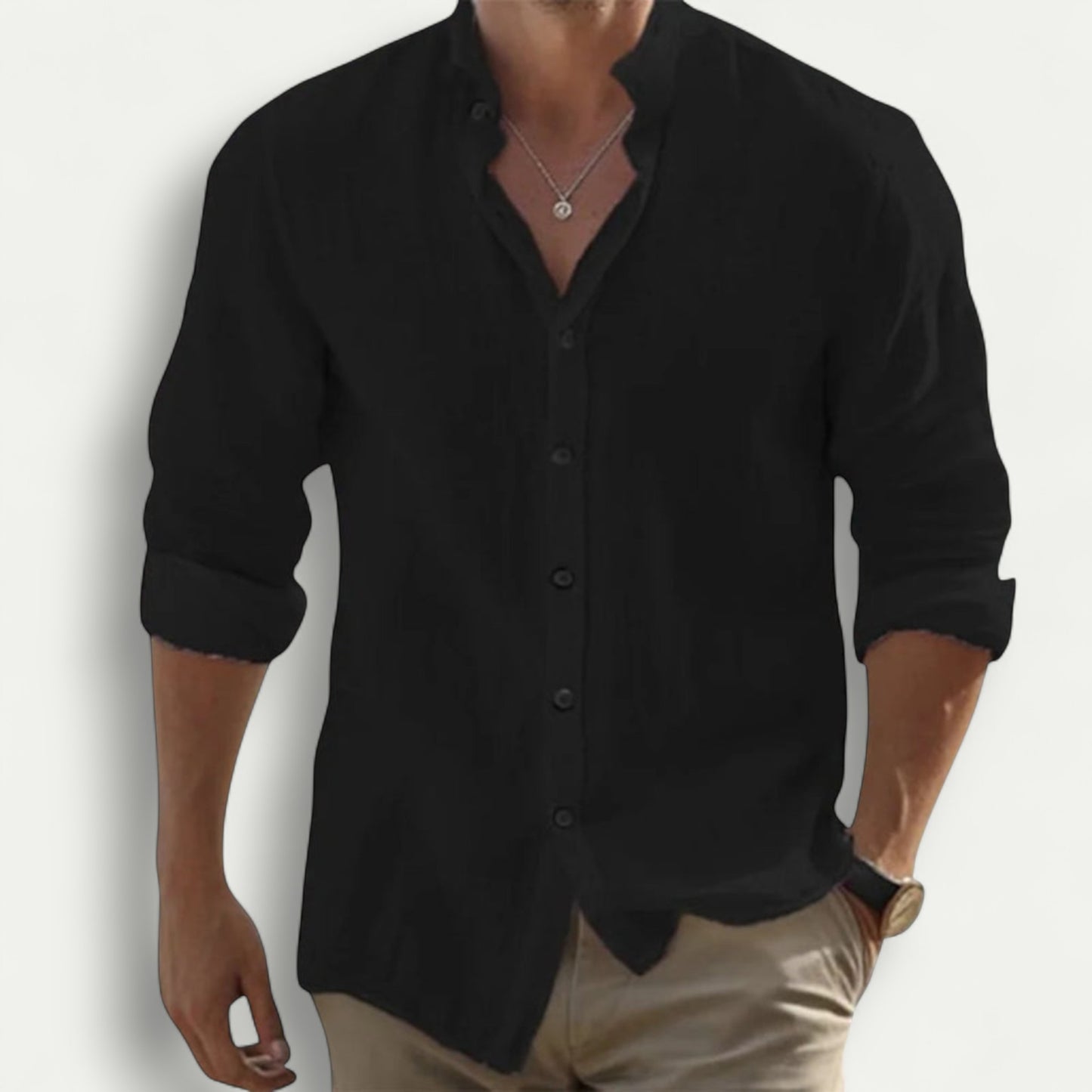 Azirado premium linen men's shirt in black with a relaxed fit and button-down design