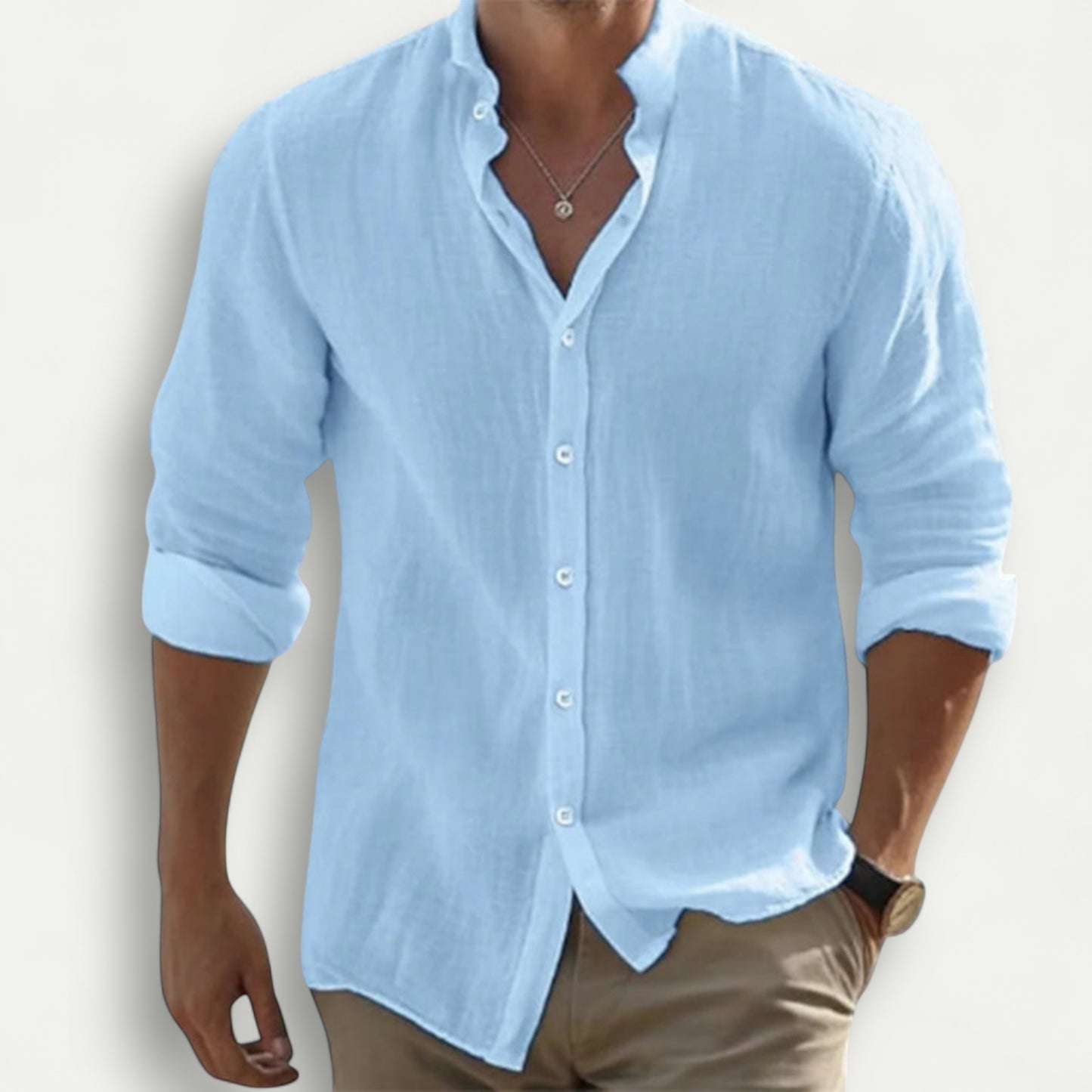 Light blue premium linen men's shirt by Azirado with a relaxed fit and button-up design