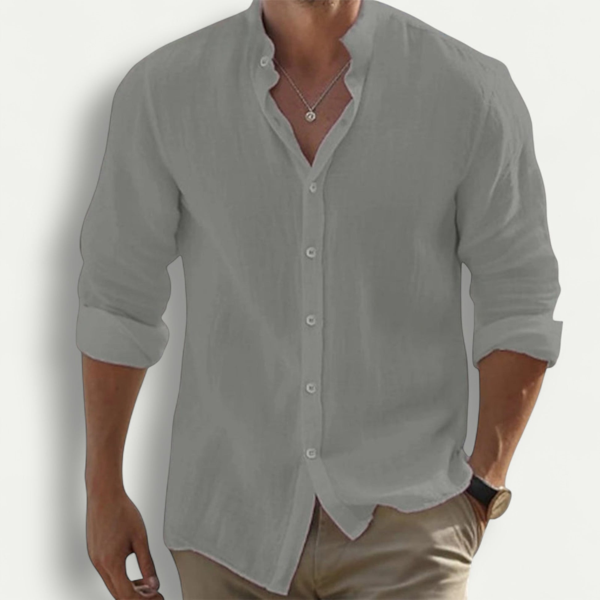 Azirado premium linen men's shirt in light gray, designed for comfort and style with a relaxed fit