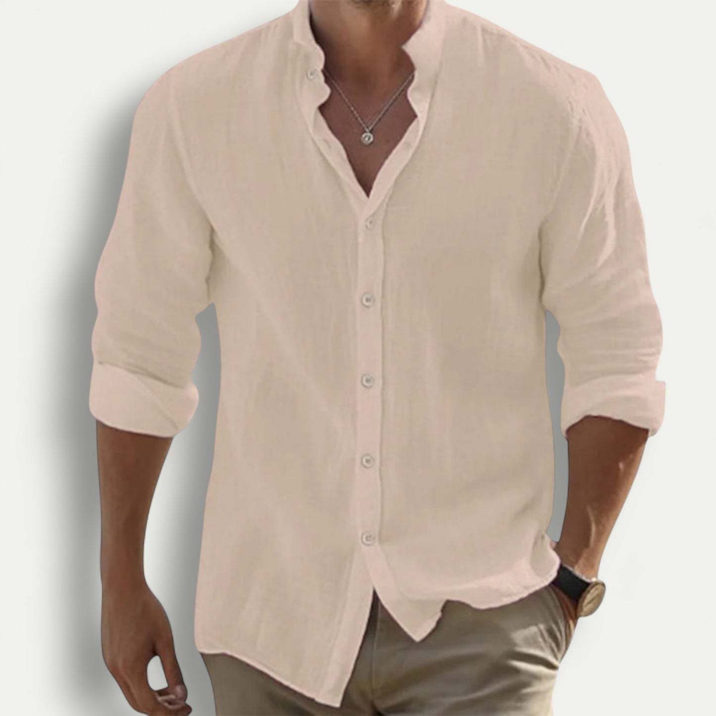 Azirado premium linen men's shirt in white with a relaxed fit and long sleeves
