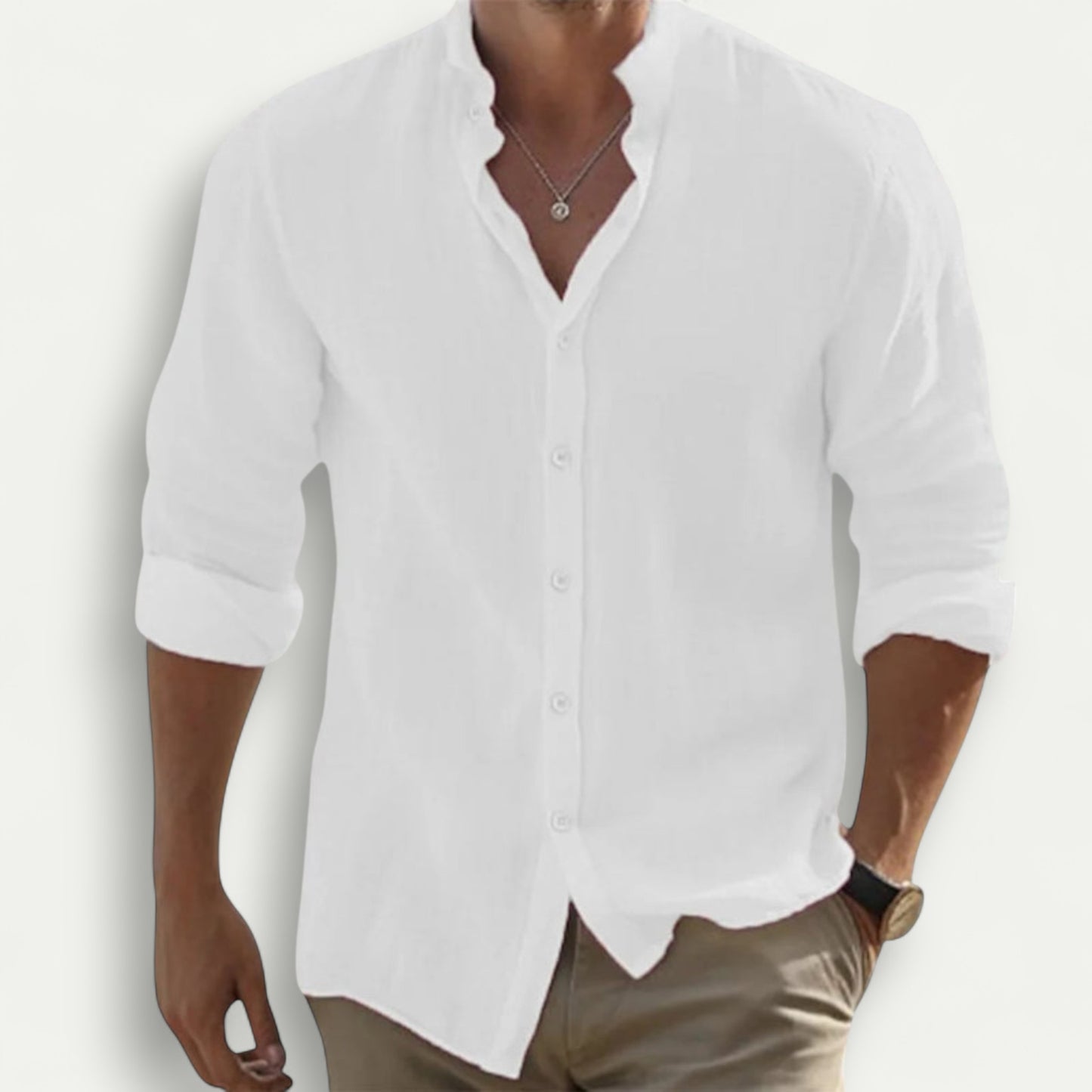 White premium linen men's shirt with rolled sleeves and a stylish button-down design