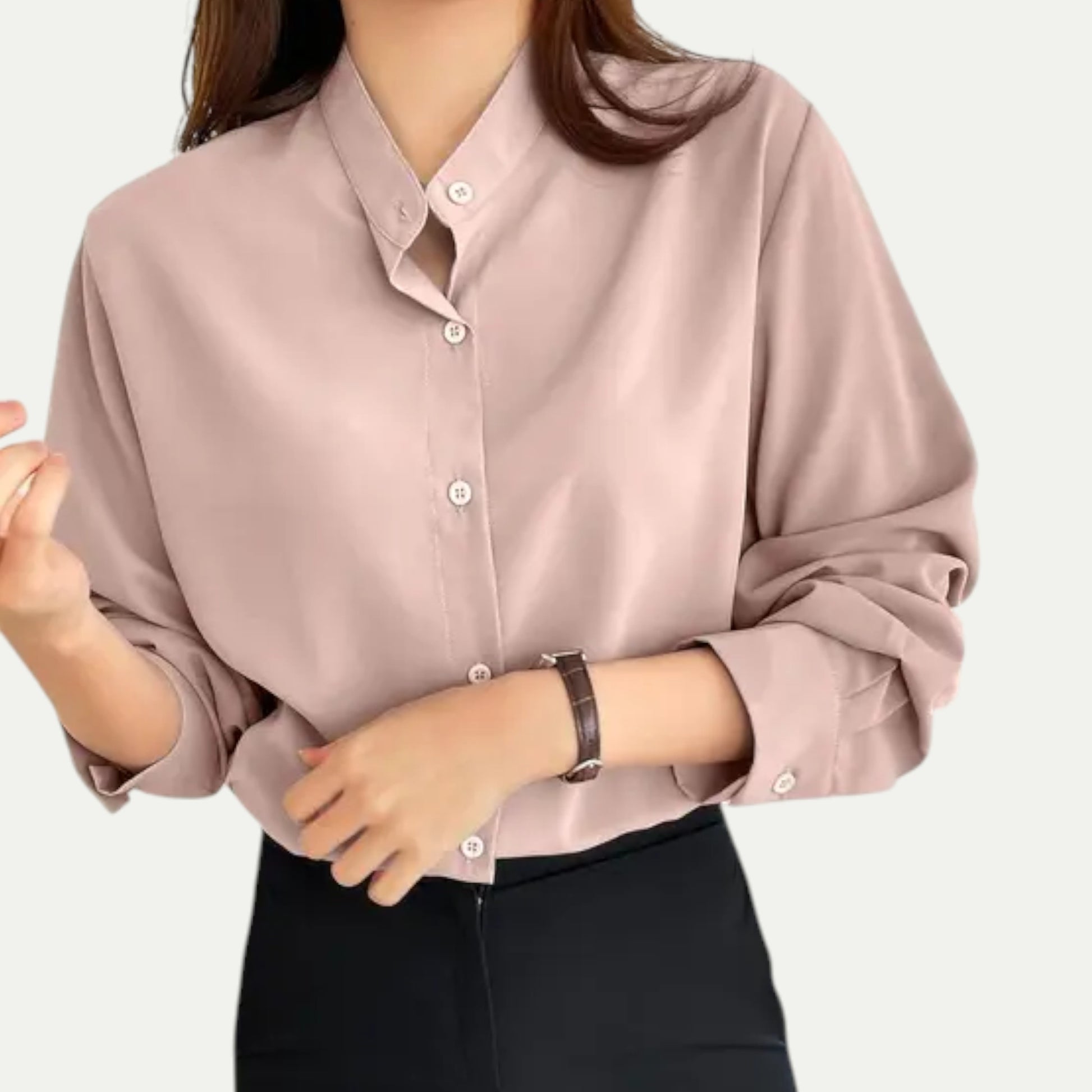 Azirado Light Brown Button-Up Blouse with Folded Sleeves for Stylish Everyday Wear