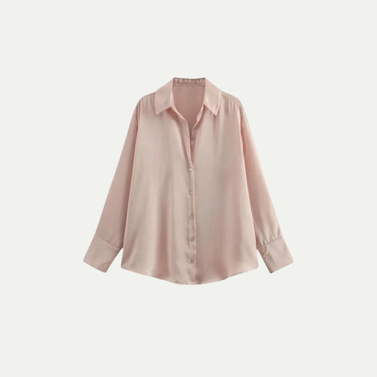 Azirado Women's Light Pink Button-Up Shirt with Long Sleeves and Classic Collar
