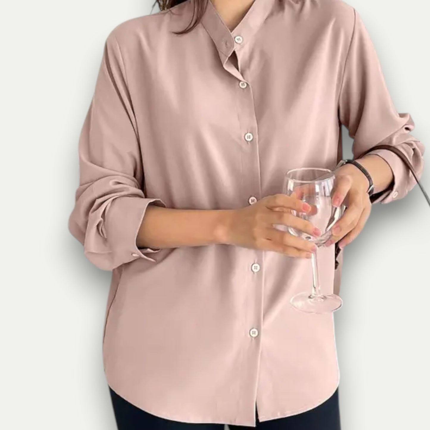 Azirado Light Pink Button-Up Shirt for Women with Long Sleeves and Relaxed Fit