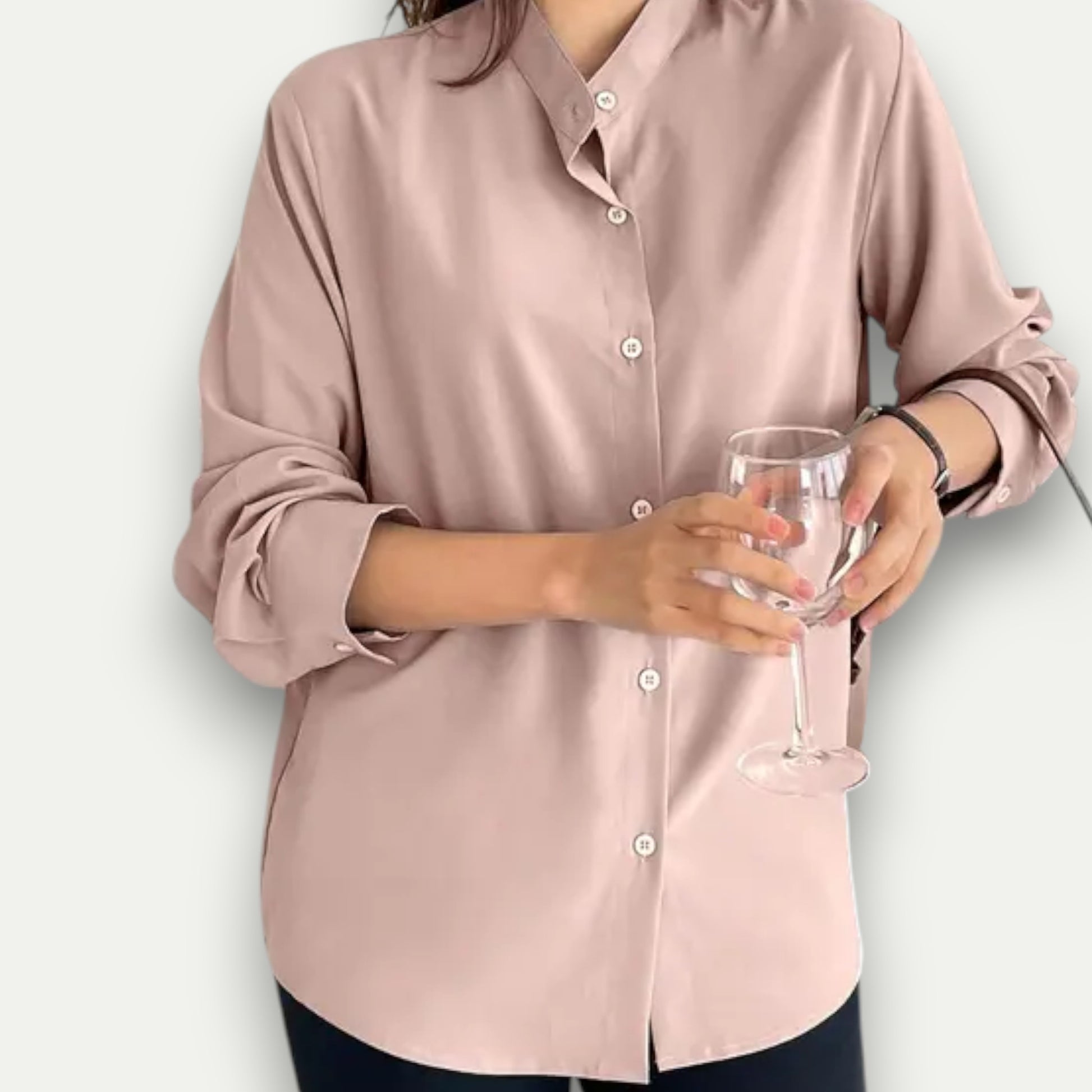 Azirado Light Pink Button-Up Shirt for Women with Long Sleeves and Relaxed Fit