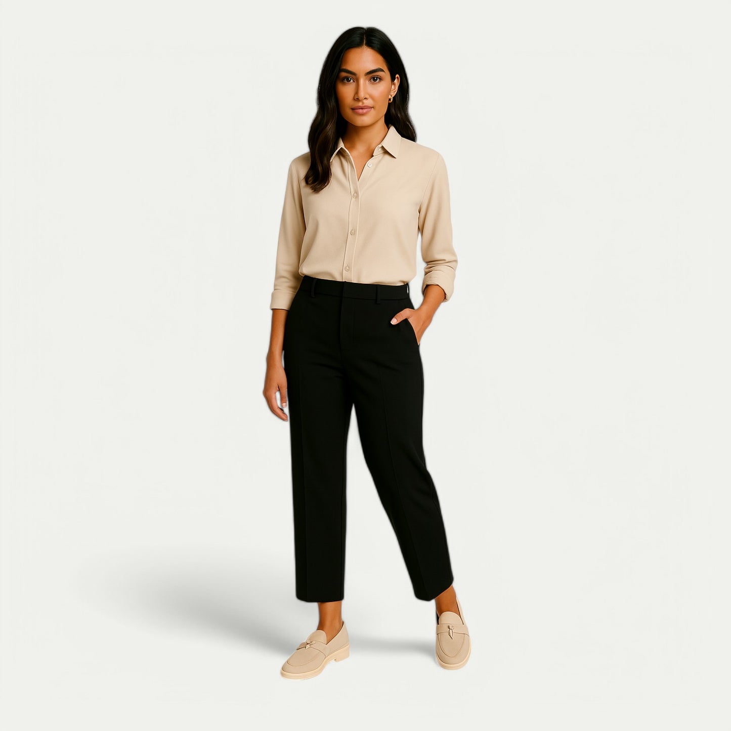 Azirado loafers in beige, styled with black pants and a beige blouse for a chic, casual look