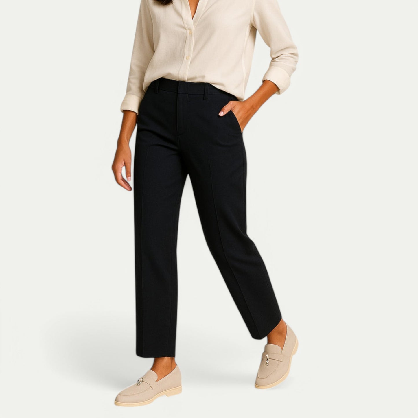 Azirado beige loafers paired with black trousers for a stylish and modern look