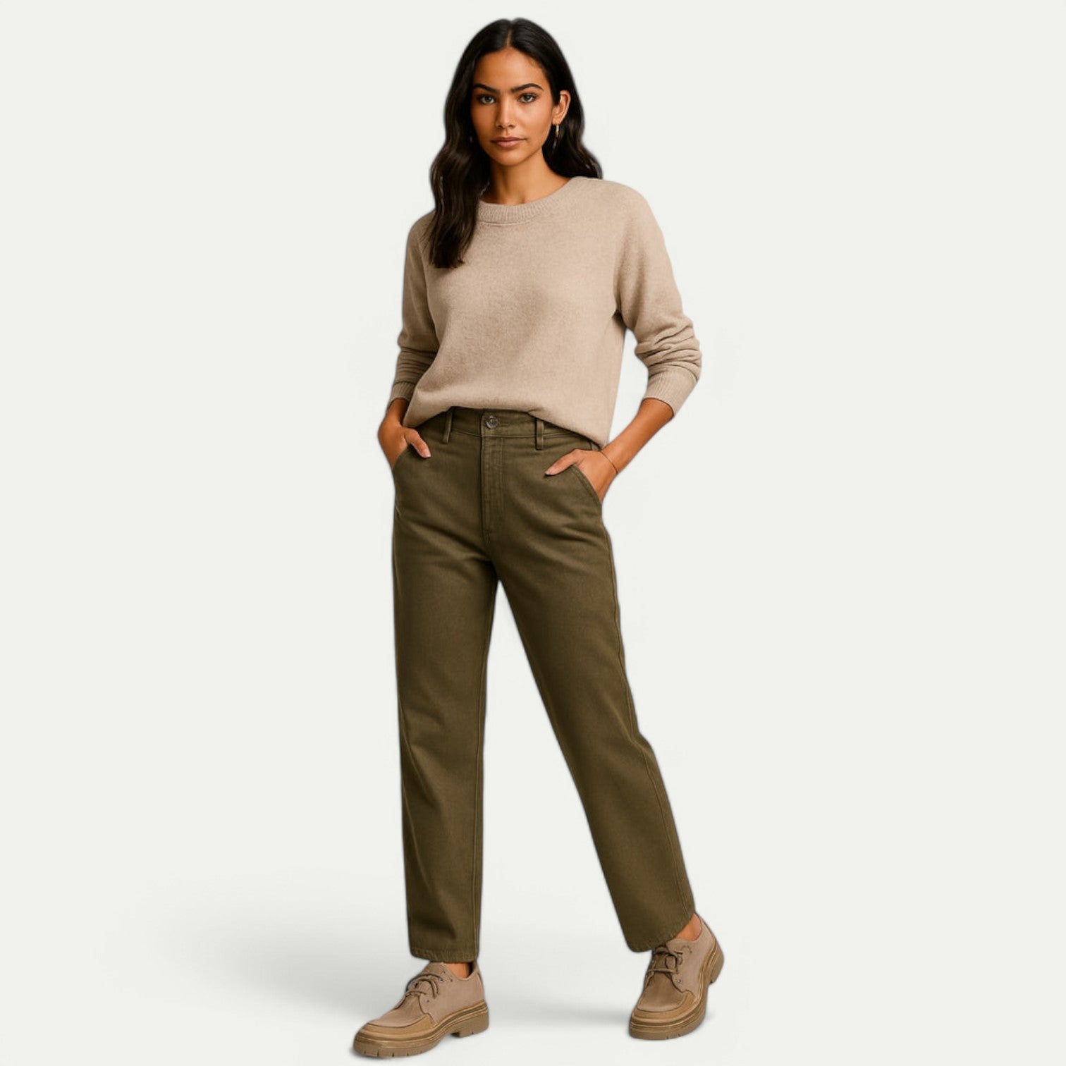 Azirado stylish loafers in beige paired with khaki pants and a light sweater for a casual look