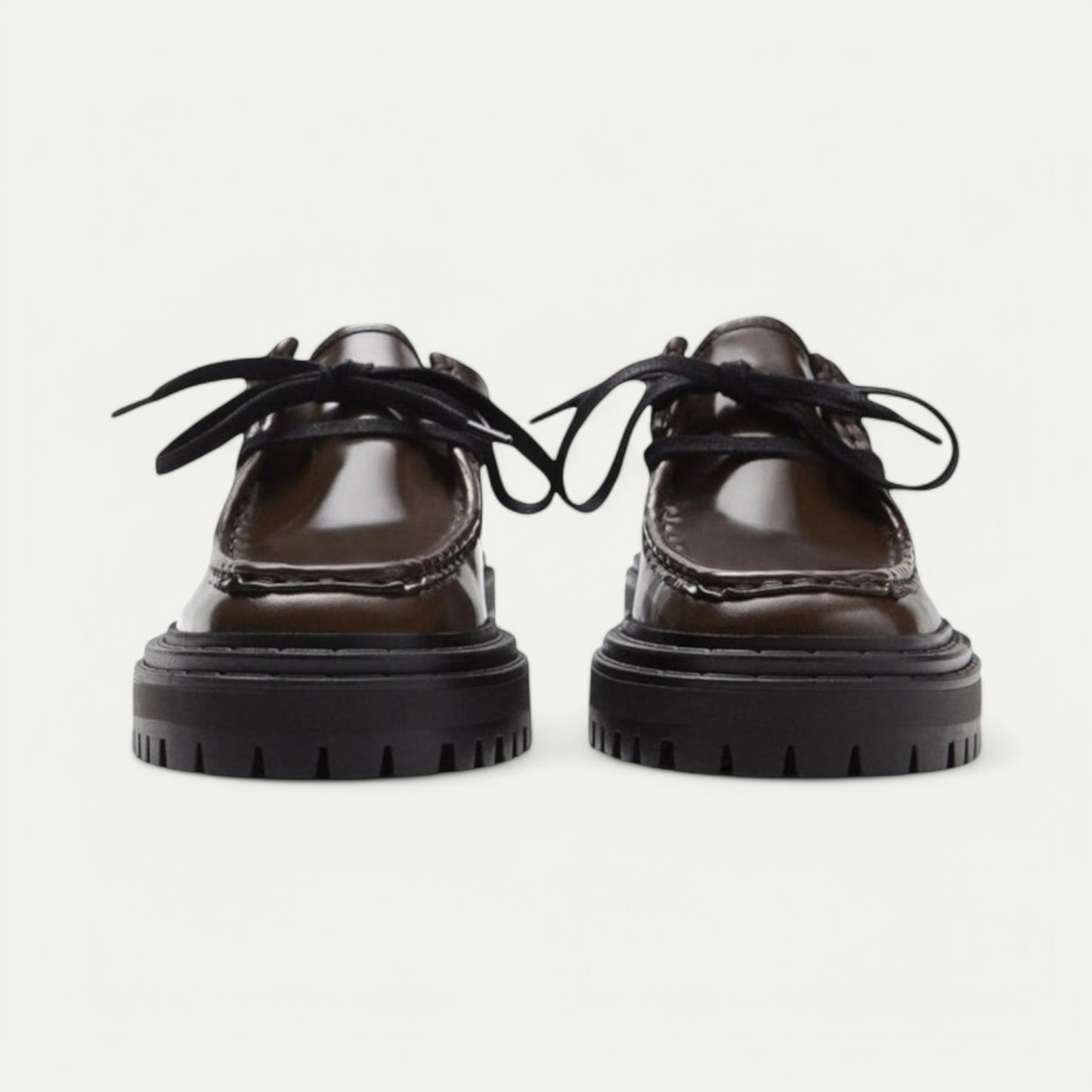 Azirado Glossy Black Loafers with Thick Sole and Stylish Lace-Up Design