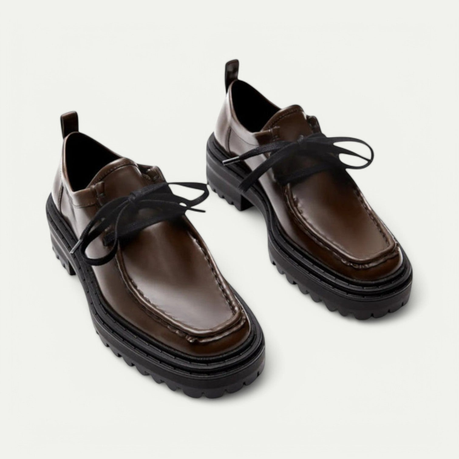 Azirado Brown Leather Loafers with Chunky Sole and Stylish Laces for Casual Elegance