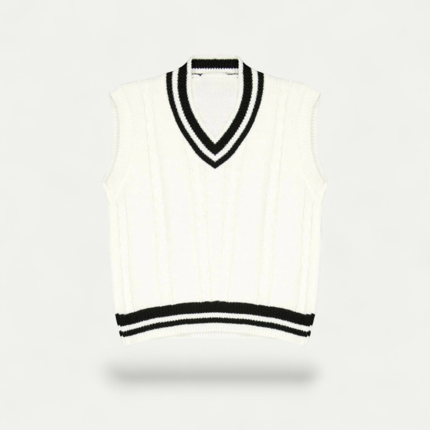 Azirado White Sleeveless Sweater Vest with Black Stripes and V-Neck Design