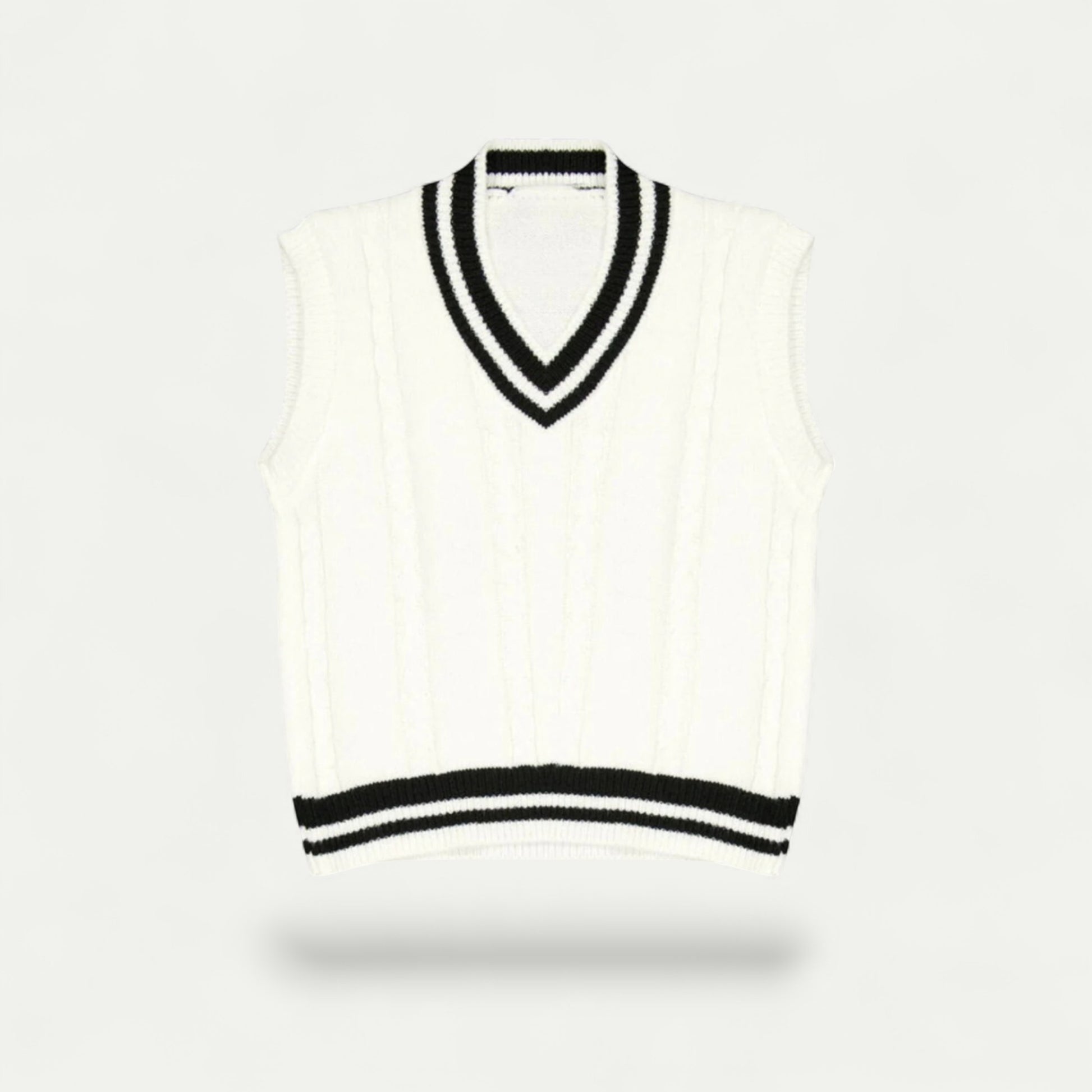 Azirado White Sleeveless Sweater Vest with Black Stripes and V-Neck Design
