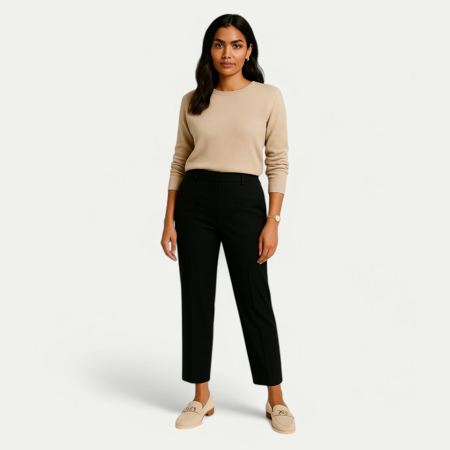 Azirado Women's Beige Sweater and Black Trousers Outfit with Casual Shoes for Everyday Style