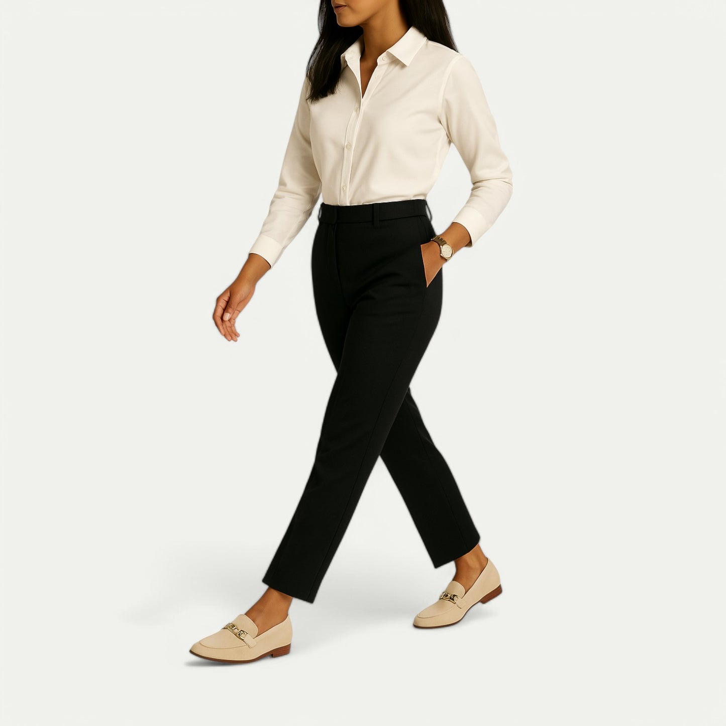Azirado Women's Elegant Black Trousers Paired with a Cream Button-Up Shirt for Smart Casual Look