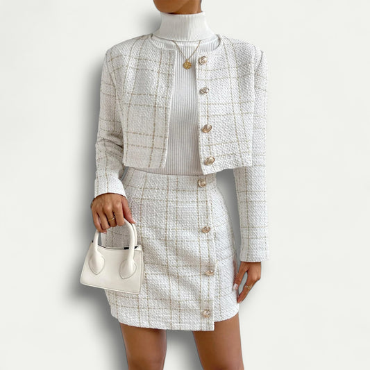 Azirado women's white plaid blazer and mini skirt set with stylish gold buttons and turtleneck top