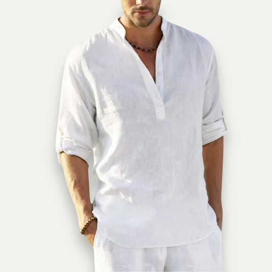 Azirado Men's Casual White Linen Shirt with Button Closure and Roll-Up Sleeves for Summer Wear