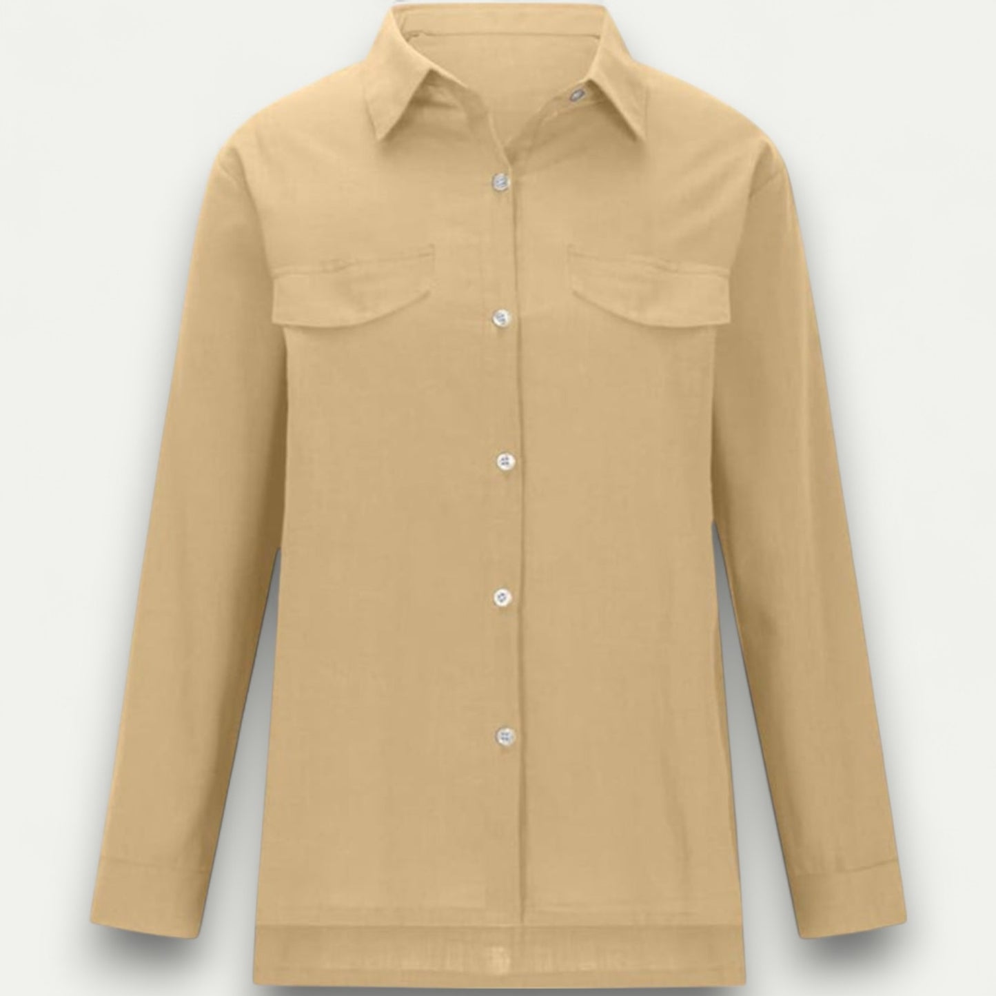 Azirado Long Sleeve Button-Up Shirt in Tan with Two Front Pockets for Casual Wear
