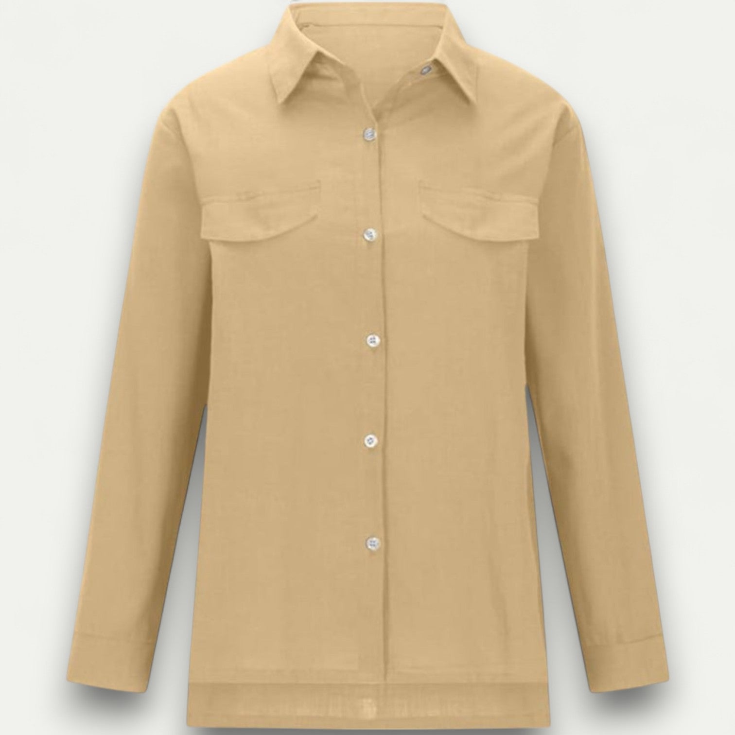 Azirado Long Sleeve Button-Up Shirt in Tan with Two Front Pockets for Casual Wear