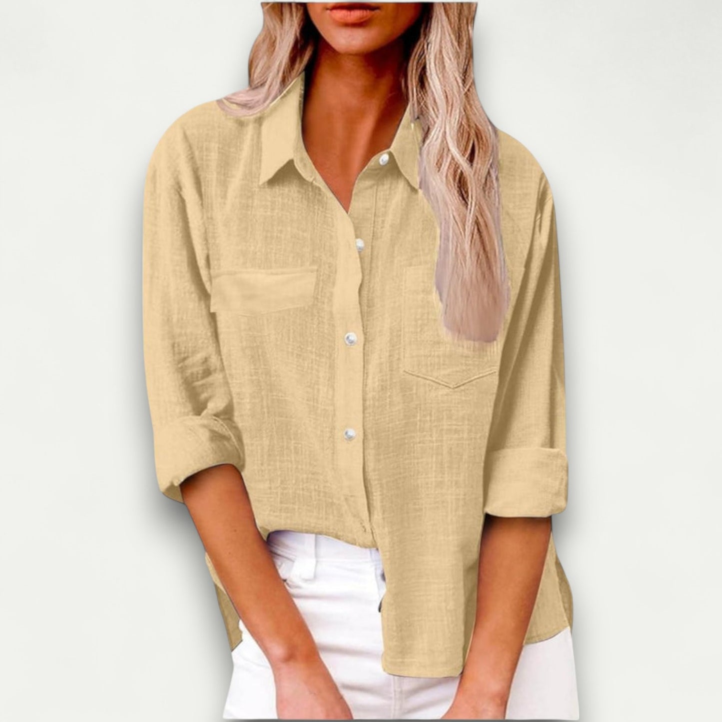 Azirado Light Beige Button-Up Shirt for Women with Rolled Sleeves and Front Pockets