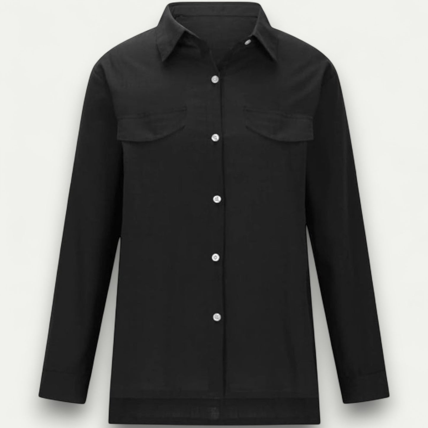 Azirado Black Long-Sleeve Button-Up Shirt with Classic Collar and Front Pockets