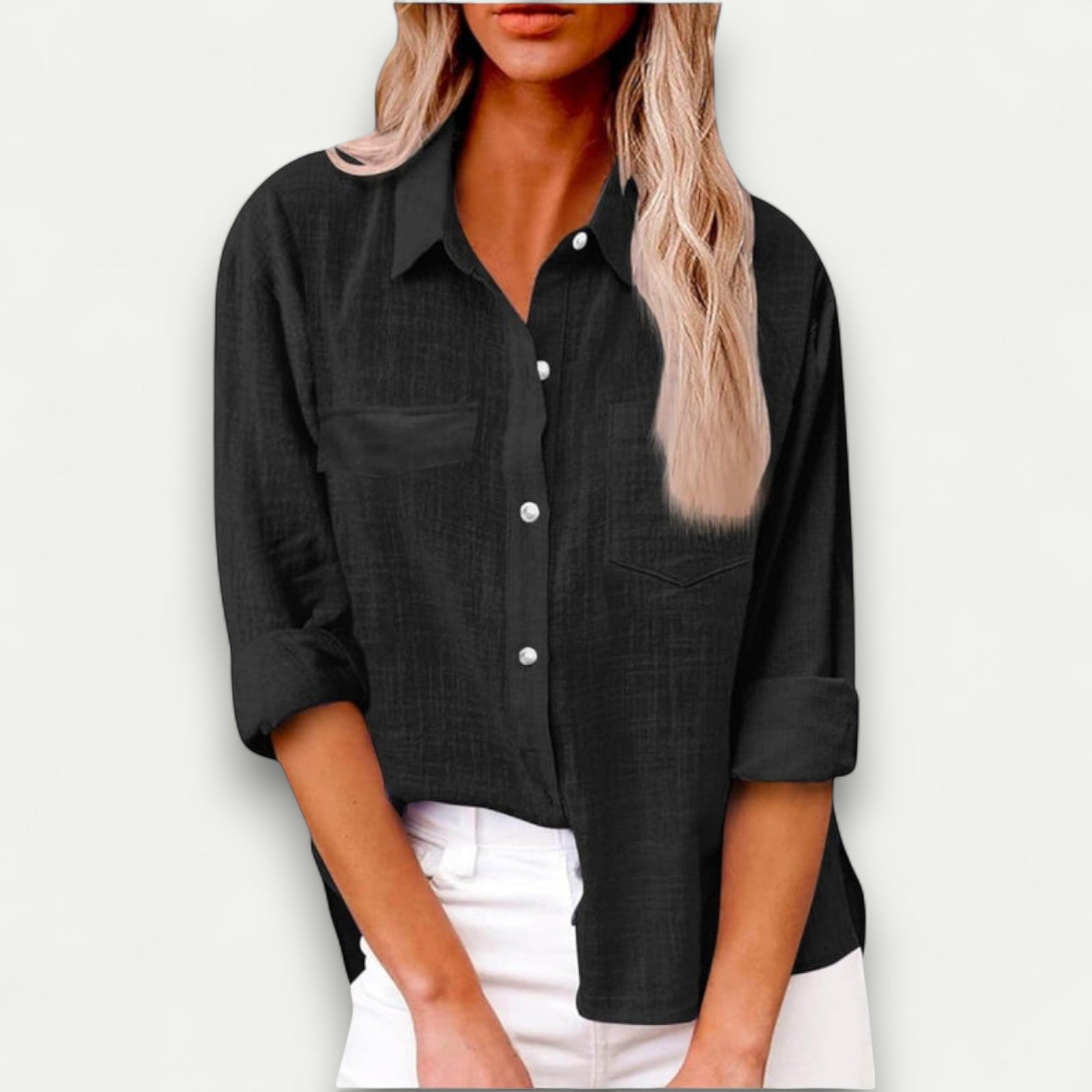 Azirado Women's Black Button-Up Shirt with Roll-Up Sleeves and Front Pockets for Casual Wear