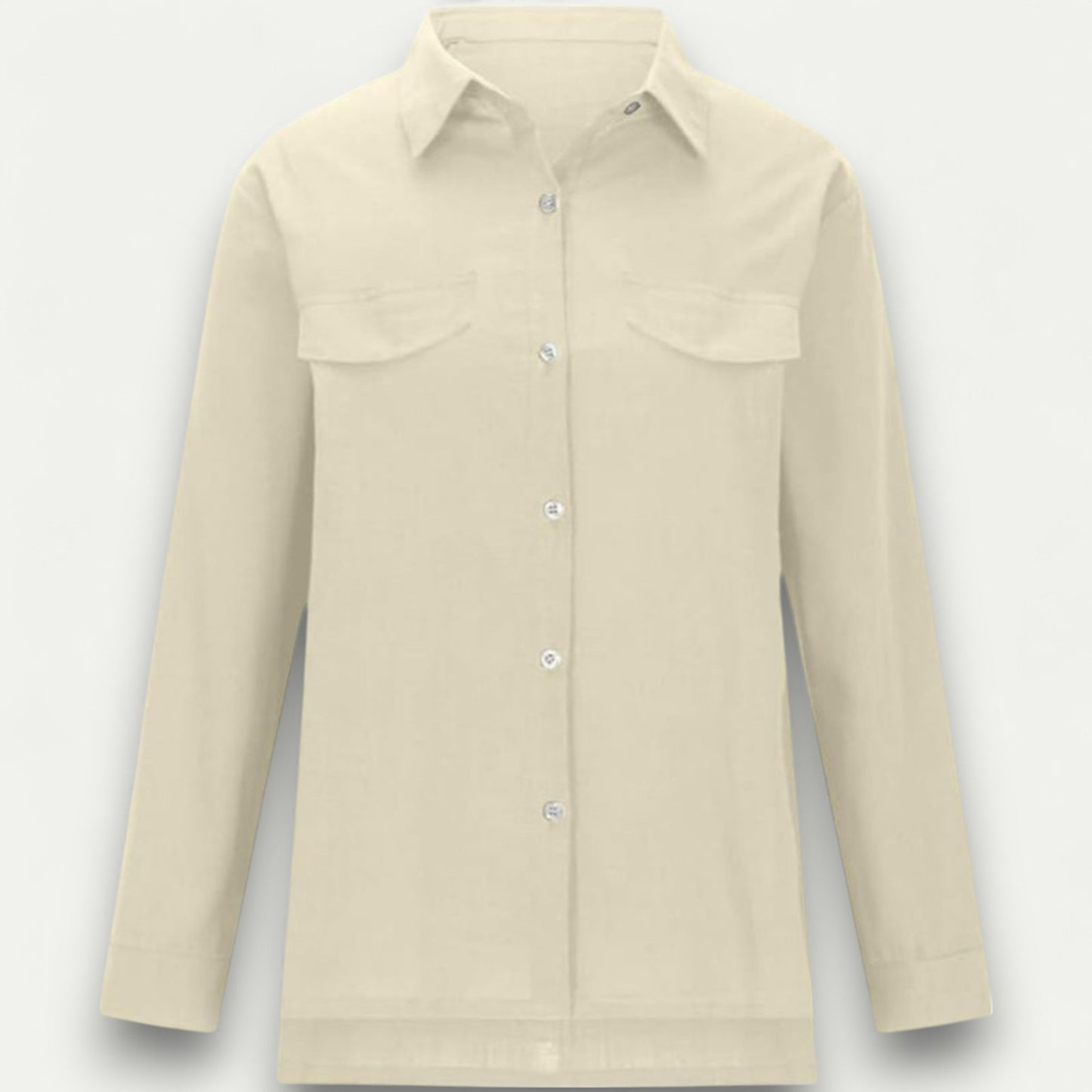 Azirado Cream Long Sleeve Button-Up Shirt with Chest Pockets for Casual Wear