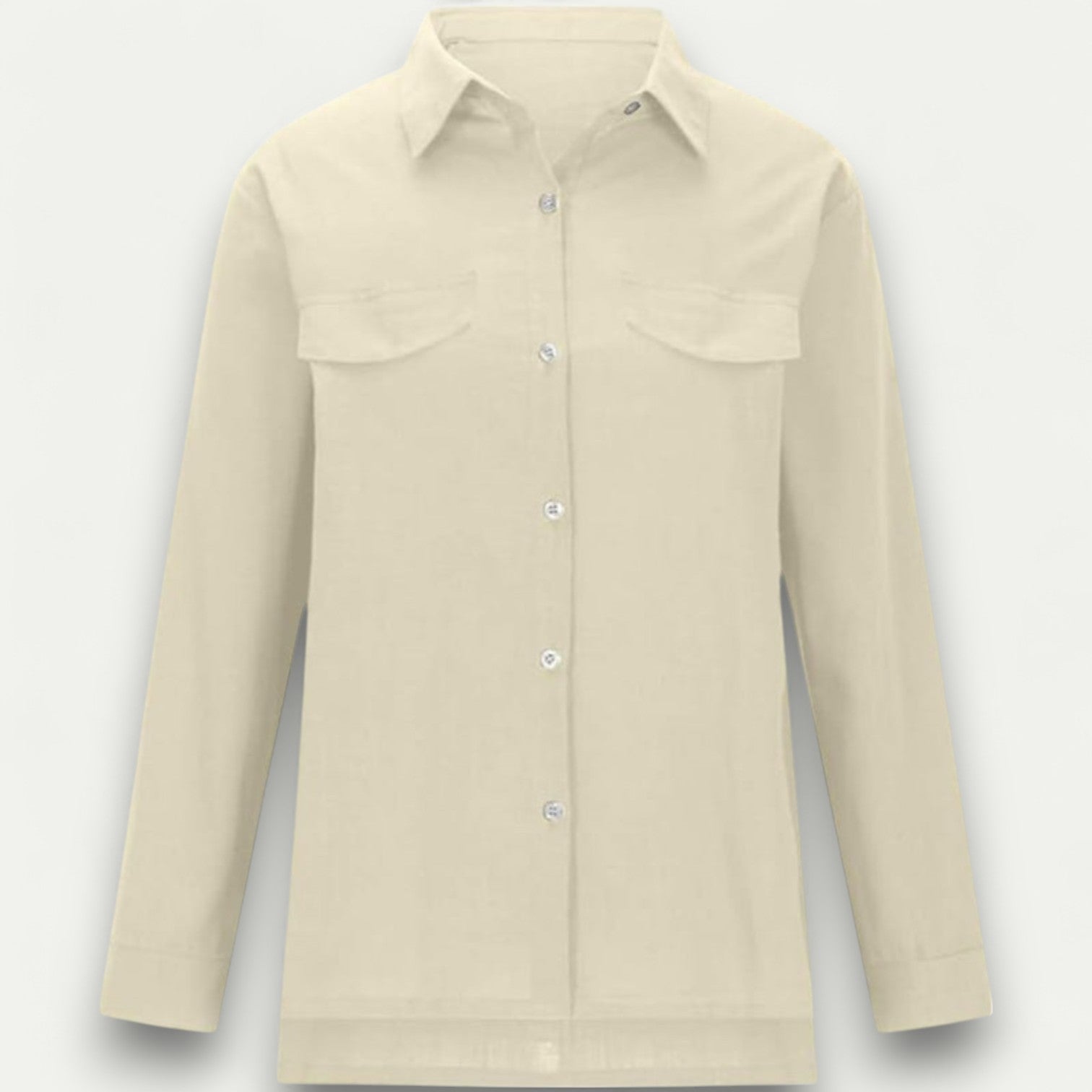 Azirado Cream Long Sleeve Button-Up Shirt with Chest Pockets for Casual Wear