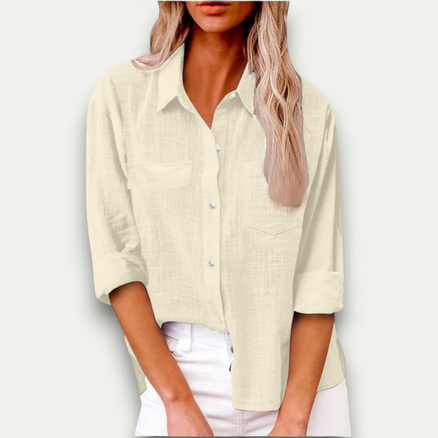 Azirado cream button-up shirt with rolled sleeves and front pockets for casual wear
