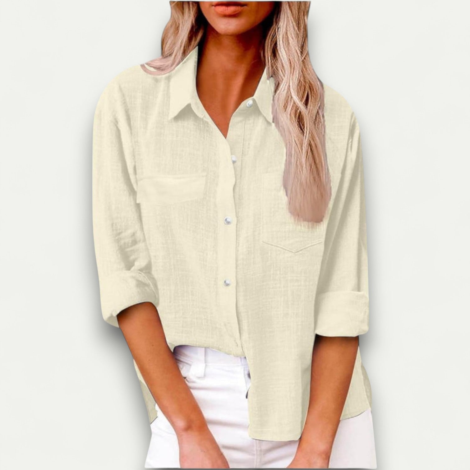 Azirado cream button-up shirt with rolled sleeves and front pockets for casual wear