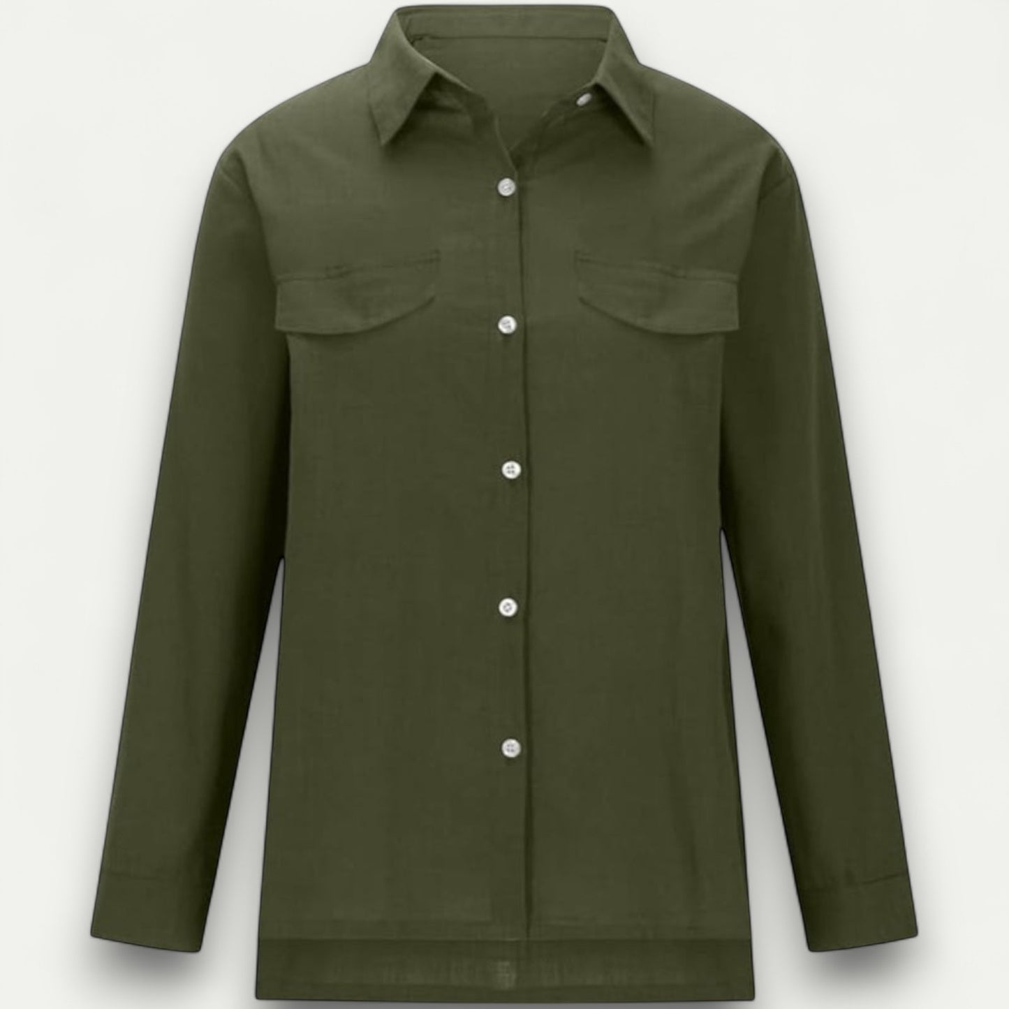 Azirado Olive Green Long Sleeve Button-Up Shirt with Two Chest Pockets