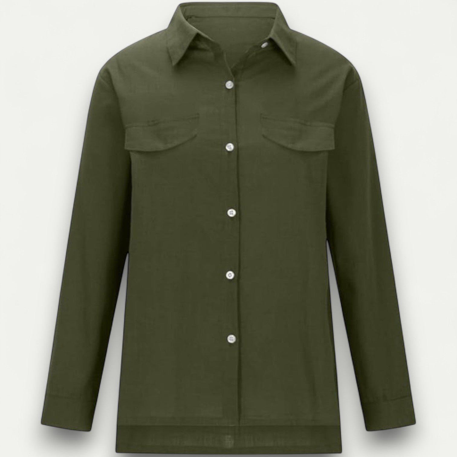 Azirado Olive Green Long Sleeve Button-Up Shirt with Two Chest Pockets