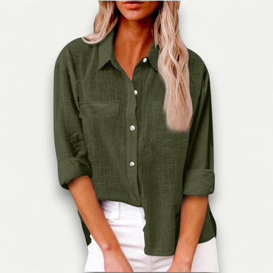 Azirado Olive Green Button-Up Shirt for Women with Roll-Up Sleeves and Front Pocket
