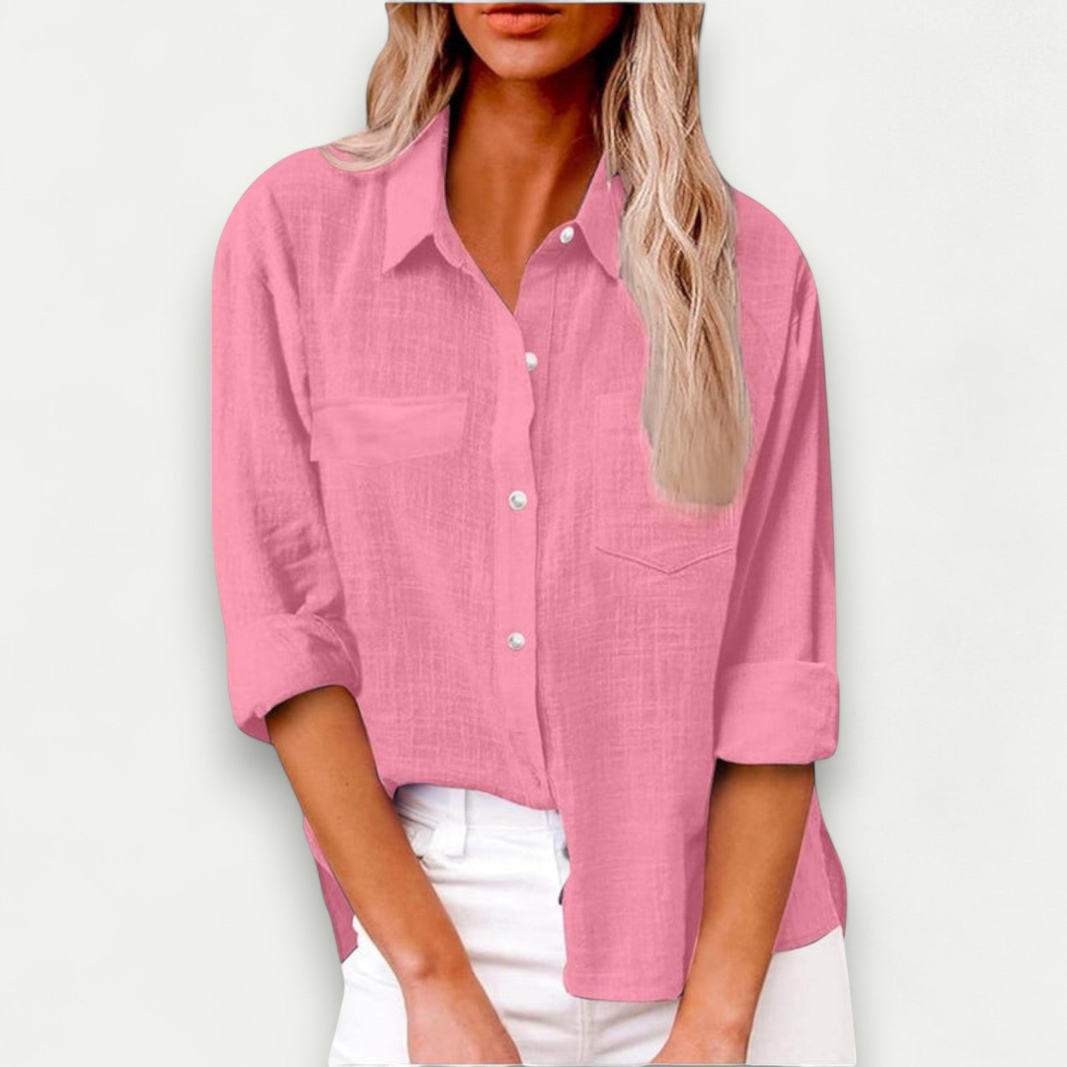 Azirado Women's Pink Button-Up Shirt with Roll-Tab Sleeves and Chest Pocket