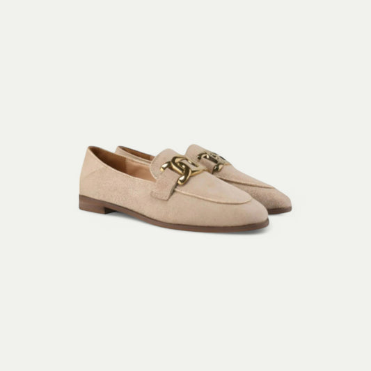 Azirado Beige Suede Loafers with Gold Chain Detail for Stylish Everyday Wear